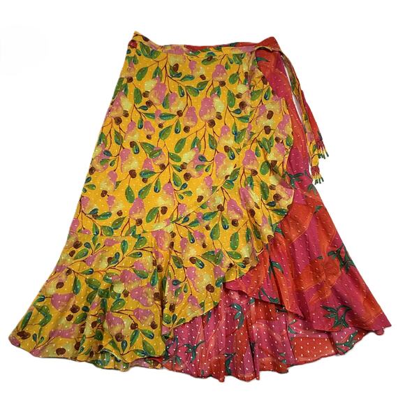 Anthropologie Farm Rio Dresses & Skirts - Anthropologie Farm Rio Garden Mix Print Wrap Skirt S Yellow Pears Pink Peppers 